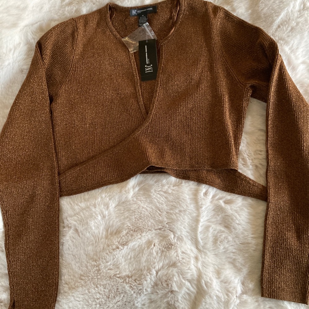 Brown and copper shimmer crop wrap sweater from INC. MED Petite